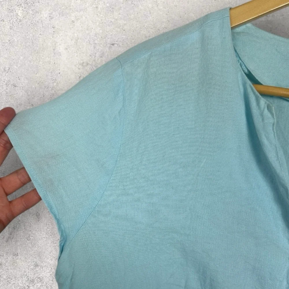 Talbots 100% Irish Linen V-Neck Button Down Short Sleeve Blouse Size 16 Blue Top - Picture 7 of 12